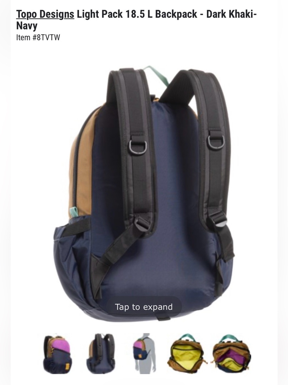 Topo Designs Light Pack 18.5 L Backpack - Dark Khaki-Navy - Picture 6 of 9